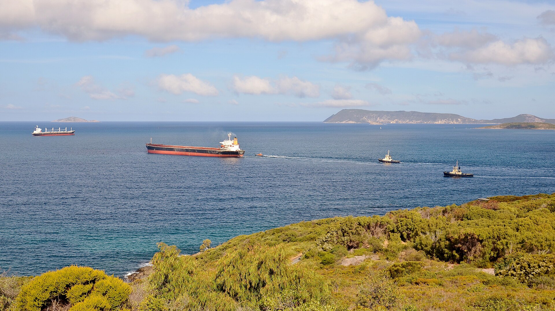 A bulk carrier and support craft departing Albany